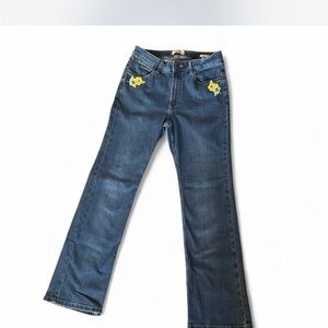 Wrangler Blue Flare Jeans with Yellow Floral Accents